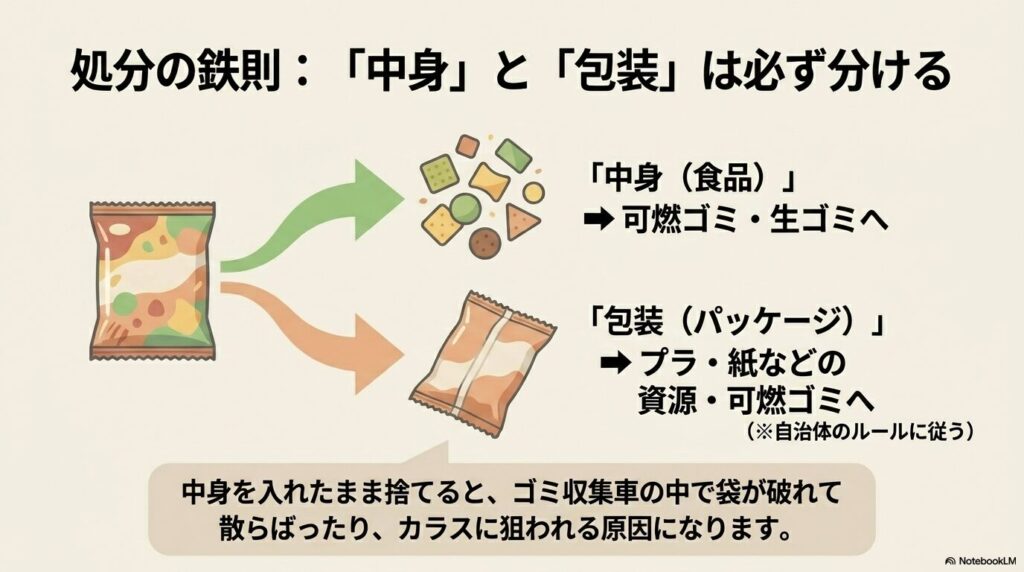 お菓子を捨てる際の鉄則として、中身と包装を必ず分ける理由と方法を説明するスライドです。