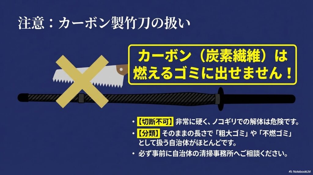 カーボン製竹刀の処分に関する注意 カーボン製竹刀は燃えるゴミに出せないことや、切断が危険であること、自治体への相談が必要なことを示す警告図解