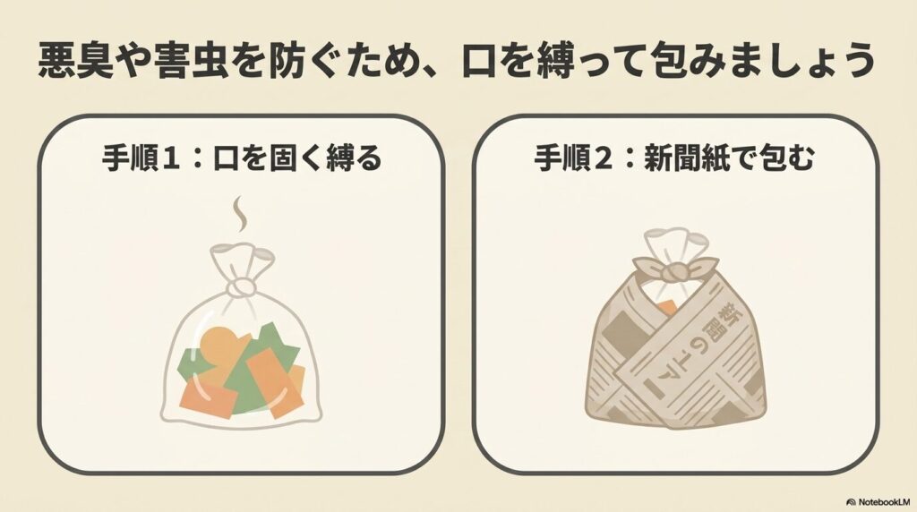 悪臭や害虫を防ぐための処理手順として、袋の口を縛ってから新聞紙で包む方法を紹介するスライドです。
