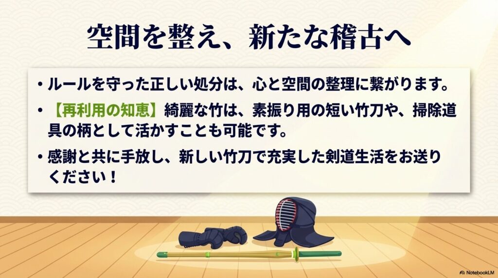 竹刀の処分を通じた心と空間の整理 正しい処分や再利用を通じて感謝と共に竹刀を手放し、新たな気持ちで稽古に励むことを促すメッセージ。
