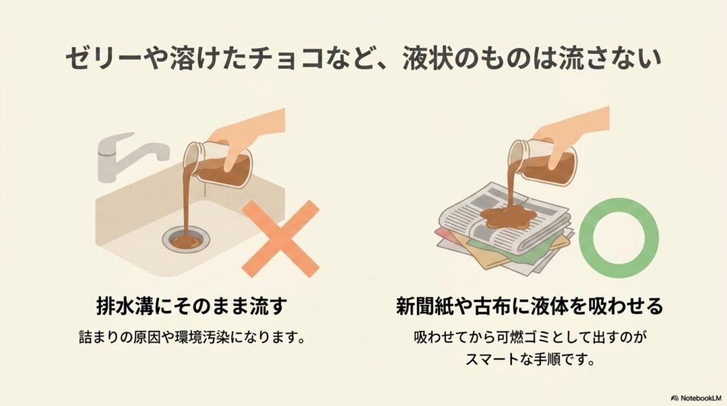 ゼリーなどの液状のお菓子を排水溝に流さず、紙などに吸わせて可燃ゴミとして出すよう推奨するスライドです。
