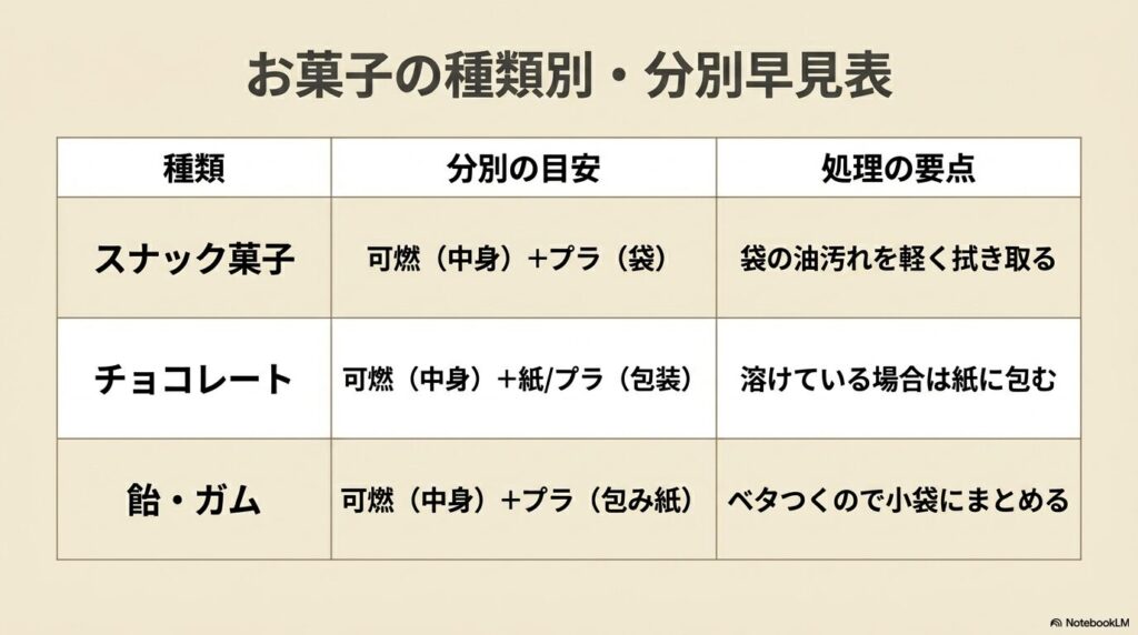 スナック菓子、チョコレート、飴・ガムの種類別の分別目安と処理の要点をまとめた表です。
