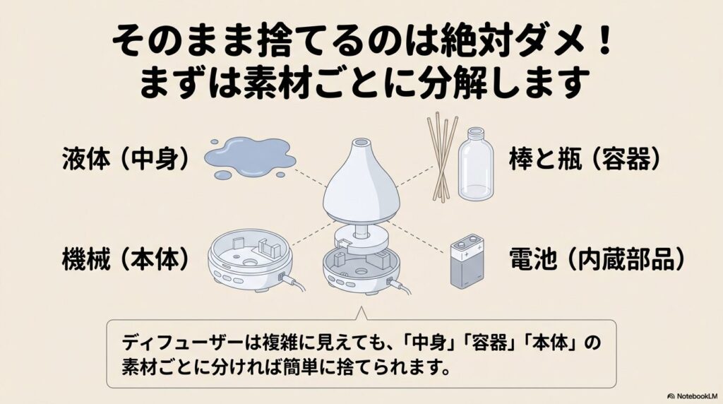 ディフューザーを液体、本体、容器、電池の4つの素材に分ける方法を示した図解