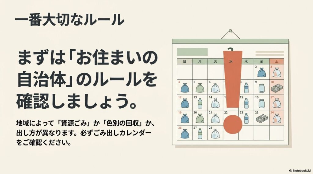 一番大切なルールとして、自治体ごとの分別ルールをごみ出しカレンダーで確認することを促しています。