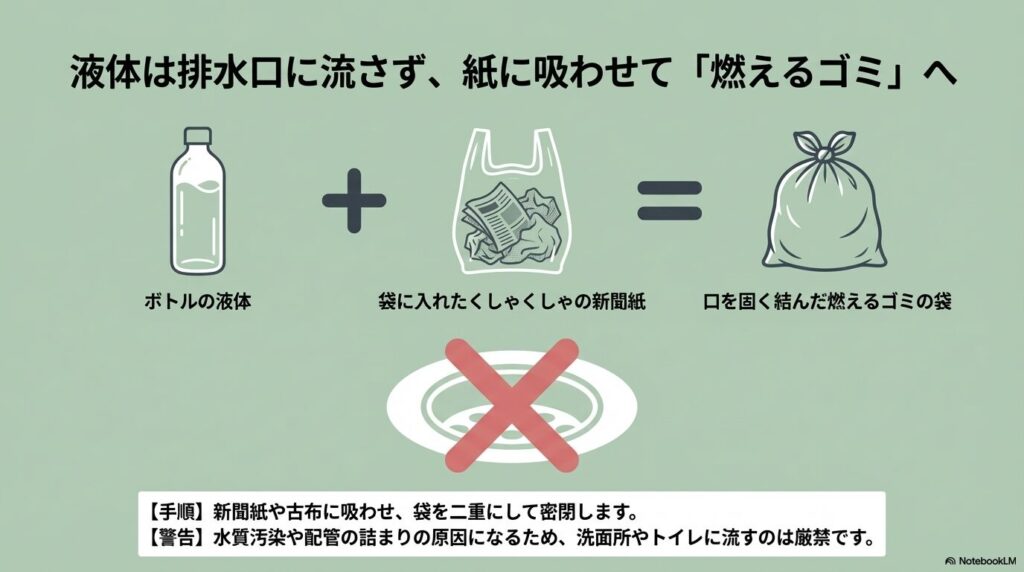 ボトルの液体を新聞紙や古布に吸わせ、袋を二重にして燃えるゴミに出す手順のイラスト