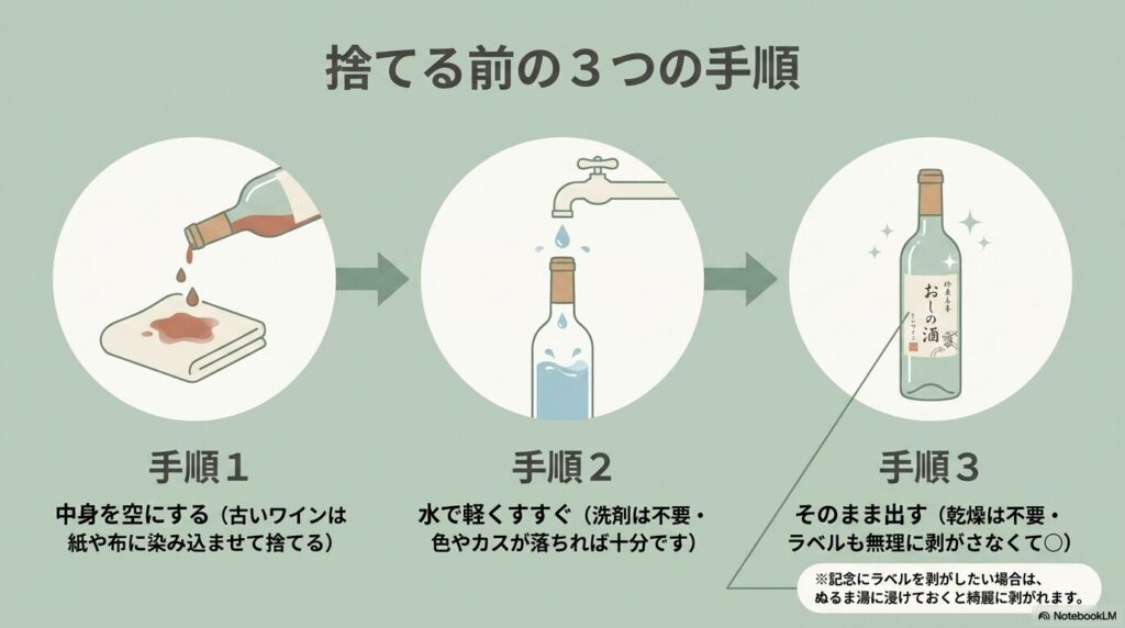 ワイン瓶を捨てる前の3つの手順（中身を空にする、水で軽くすすぐ、そのまま出す）を解説しています。
