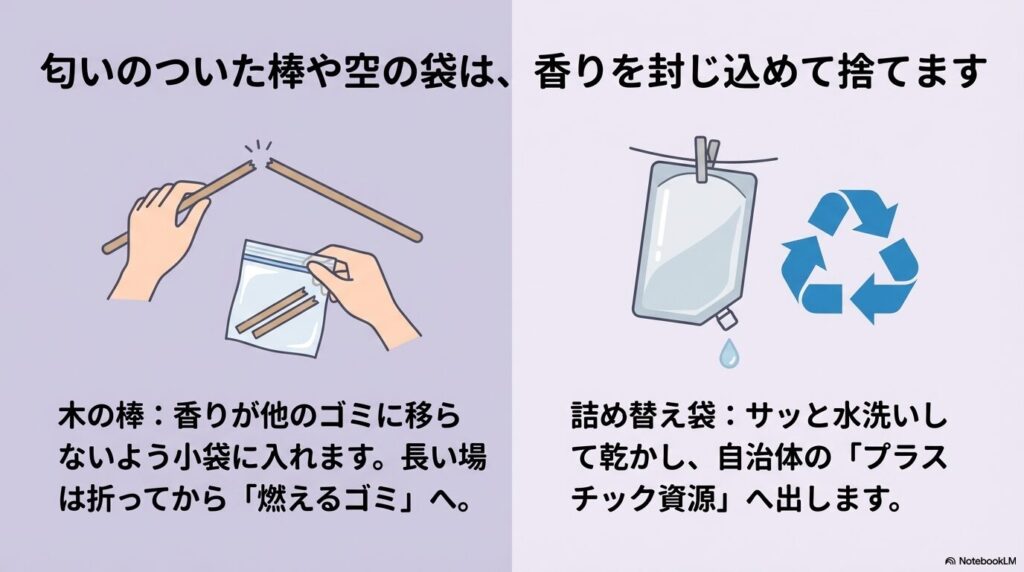 香りが移らないよう木の棒を小袋に入れて折る様子と、詰め替え袋を洗ってリサイクルする図解