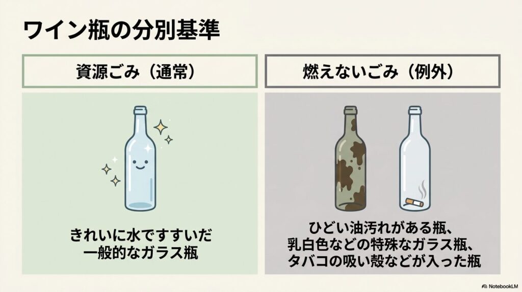 資源ごみとして出せる一般的なガラス瓶と、燃えないごみになる例外的な汚れた瓶の分別基準を説明しています。