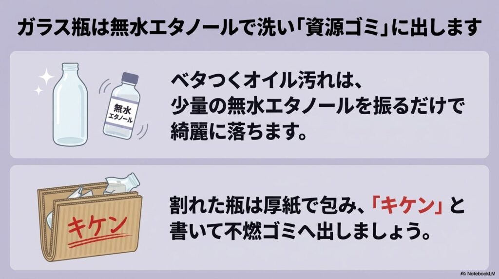 無水エタノールでオイル汚れを落とす方法と、割れた瓶を厚紙で包みキケンと書いて出す手順