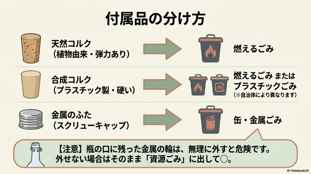コルク（天然・合成）や金属キャップ、瓶に残った金属の輪の分別方法を説明しています。