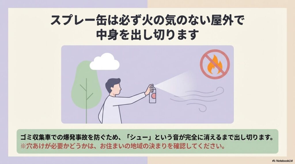 火気のない屋外で音が消えるまでスプレーの中身を出し切る様子を描いたイラスト