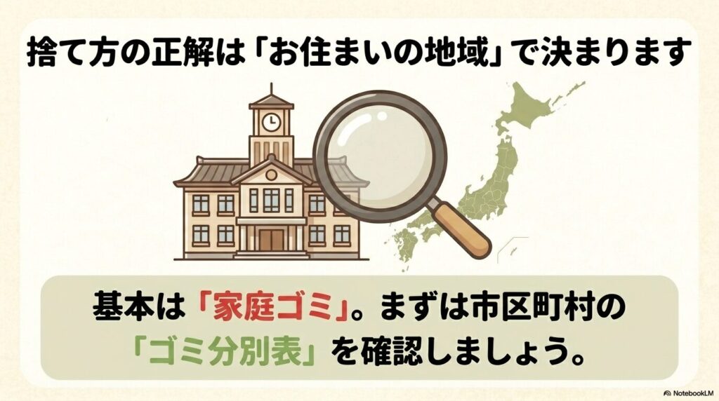 捨て方は自治体によって異なるため、市区町村のゴミ分別表を確認して家庭ゴミとして出すよう案内しています。