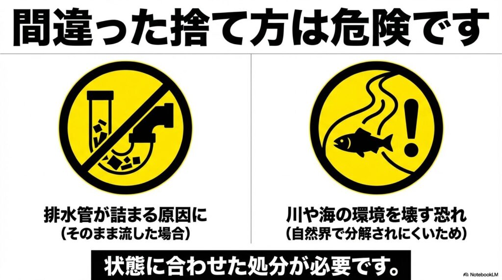 ホウ砂の間違った捨て方の危険性 間違った捨て方は危険であり、そのまま流すと排水管が詰まる原因になることや、自然界で分解されにくいため川や海の環境を壊す恐れがあることを警告するスライド。