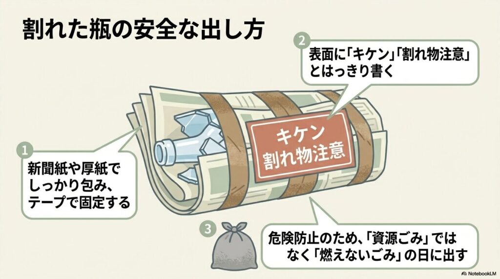 割れた瓶を安全に捨てるための、新聞紙での包装と表示、燃えないごみへの出し方を説明しています。