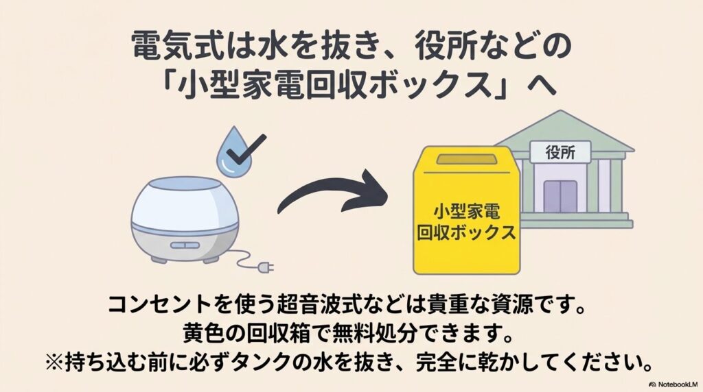 水を抜いた電気式製品を役所などの黄色い小型家電回収ボックスへ入れる手順
