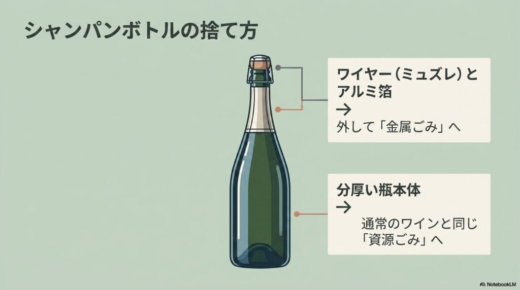 シャンパンボトルのワイヤーやアルミ箔は金属ごみ、厚い瓶本体は資源ごみとして出すよう説明しています。
