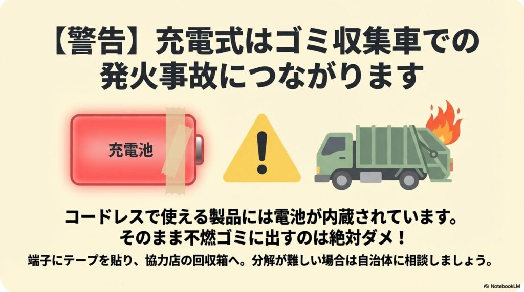 充電式製品の内蔵電池を発火防止のため絶縁テープを貼り回収箱へ出す警告図