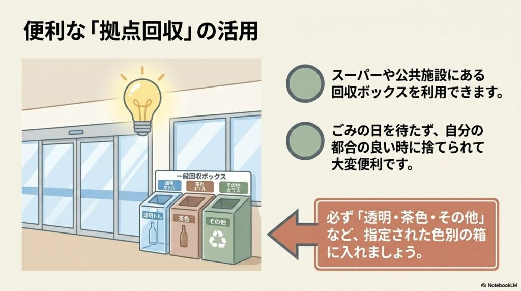 スーパーなどの回収ボックスを利用するメリットと、指定された色別の箱に分別する際の注意点を説明しています。