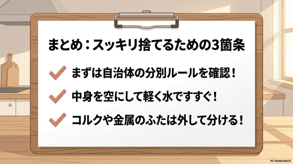 自治体ルールの確認、すすぎ洗い、付属品の取り外しの3つのポイントをまとめたスライドです。