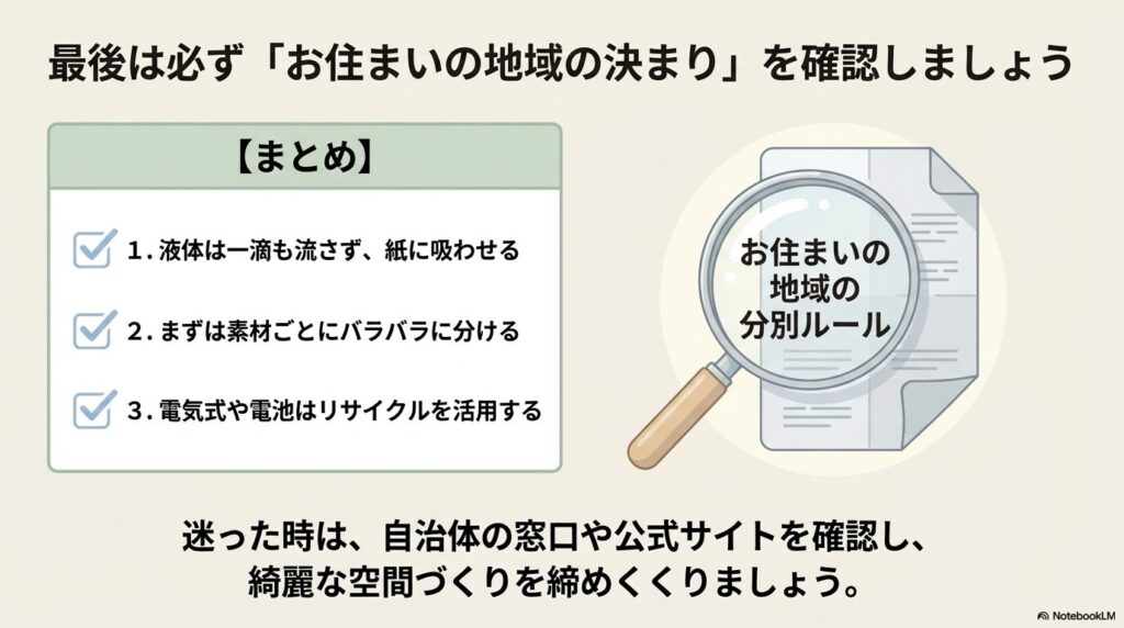 液体を流さない、素材で分ける、リサイクル活用の3箇条とお住まいの地域のルール確認を促すまとめ