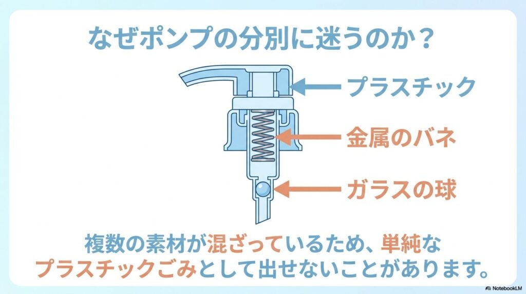 ポンプの内部にはプラスチック、金属のバネ、ガラスの球が含まれており、分別が複雑な理由を説明しています。
