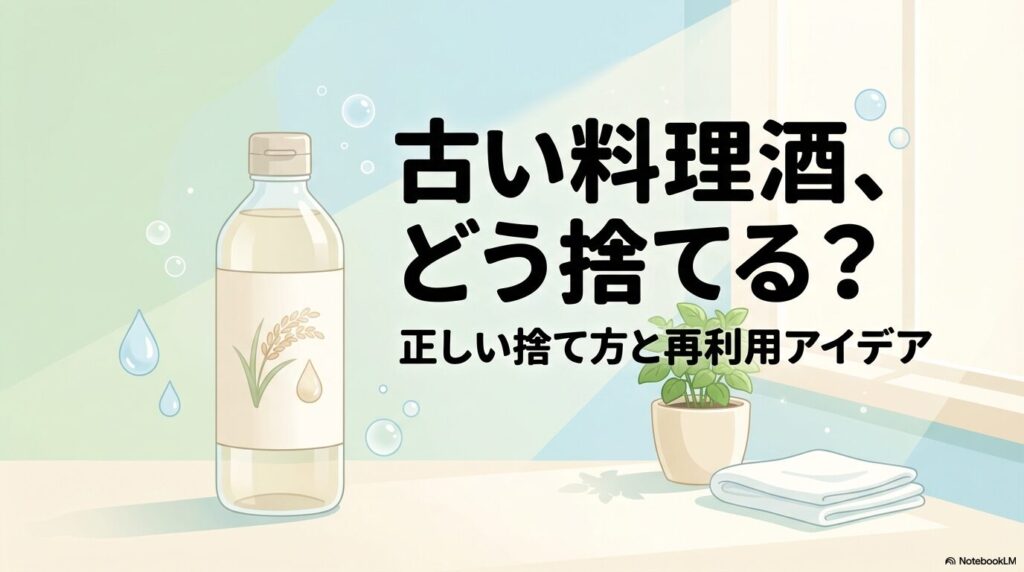 古い料理酒をどう捨てるべきか、正しい捨て方と再利用アイデアを解説する導入スライド資料