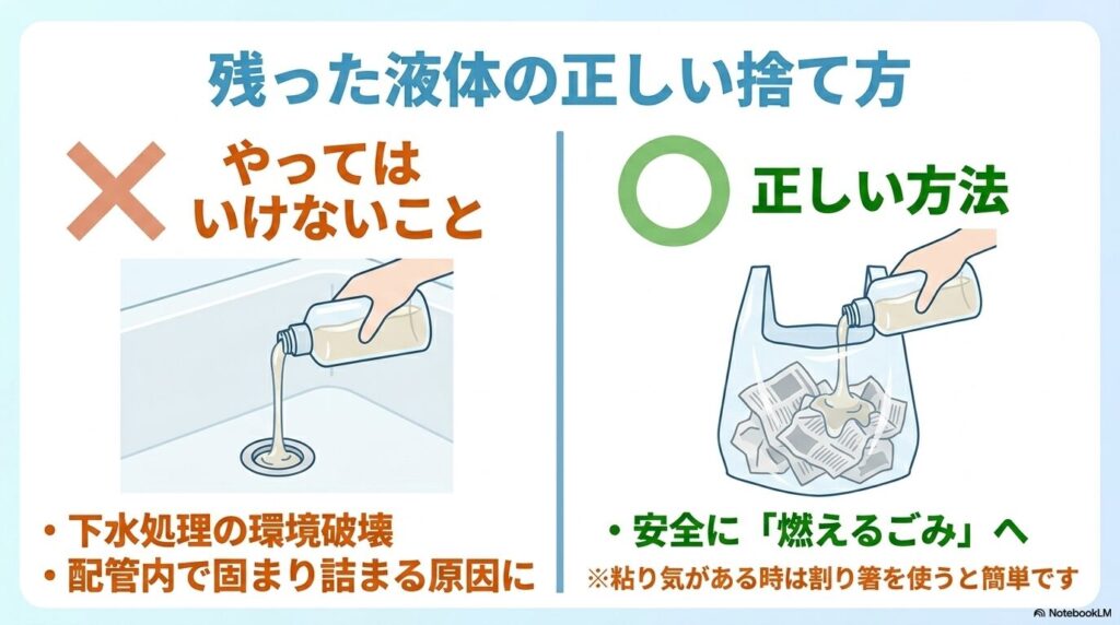 残った液体を排水口に流すのは避け、新聞紙に吸わせて「燃えるごみ」として出す正しい方法を解説しています。
