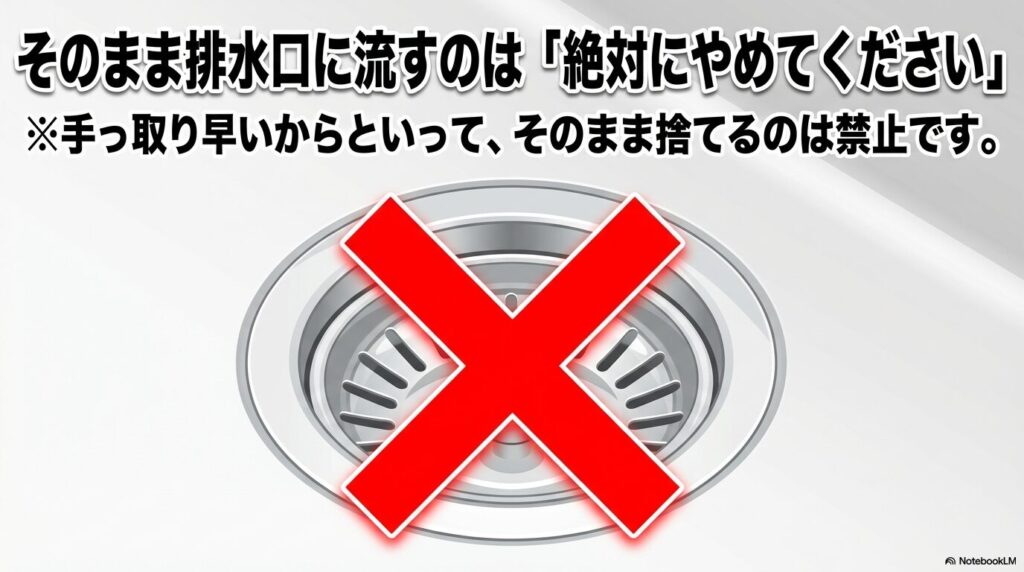 手っ取り早いからといって料理酒をそのまま排水口に流すのは絶対にやめてくださいという警告スライド