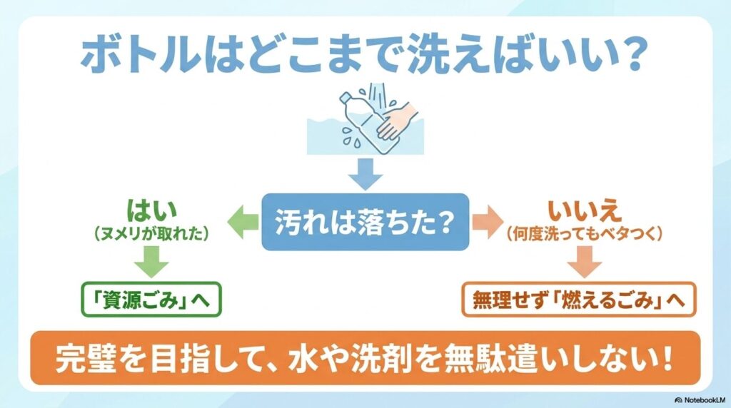 汚れが落ちれば資源ごみ、ベタつきが残る場合は無理せず燃えるごみに出すという判断基準を説明しています。