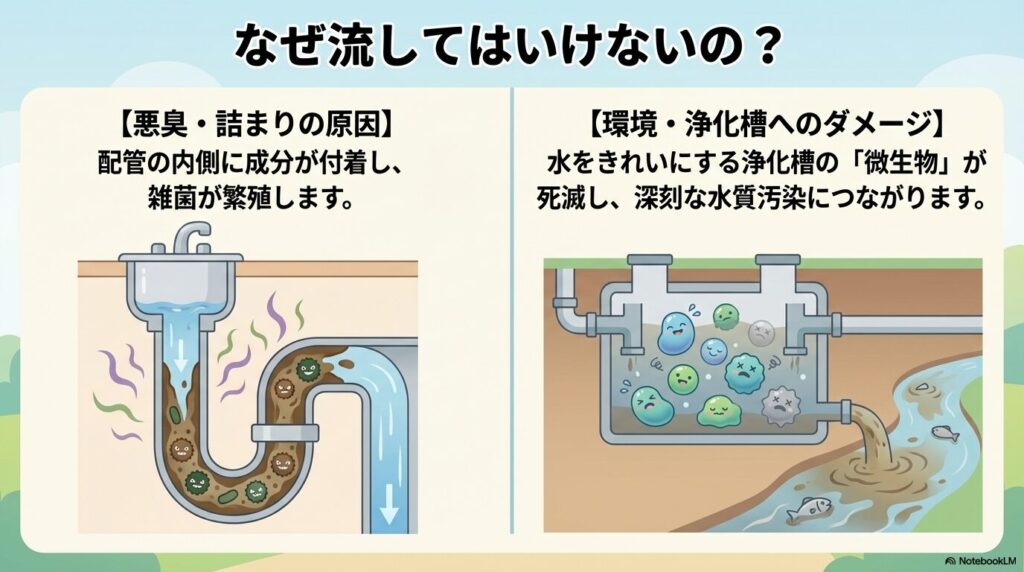 料理酒を流すことで配管に雑菌が繁殖し悪臭や詰まりの原因になることや、浄化槽の微生物が死滅し水質汚染につながることを示すイラスト資料