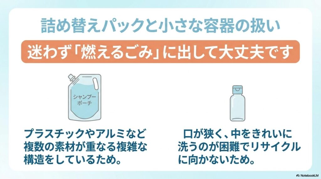 詰め替えパックや小さな容器は、構造の複雑さや洗浄の難しさから「燃えるごみ」として処分できると説明しています。