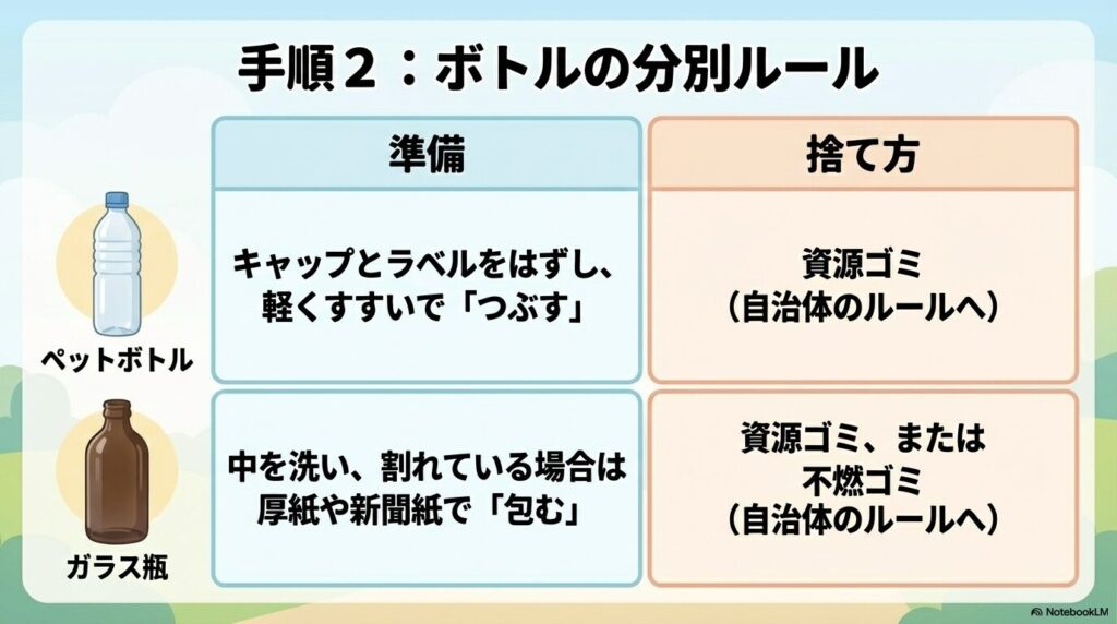 ペットボトルはキャップとラベルを外し、瓶は中を洗って割れている場合は包んで資源ゴミ等に出す分別ルールの解説