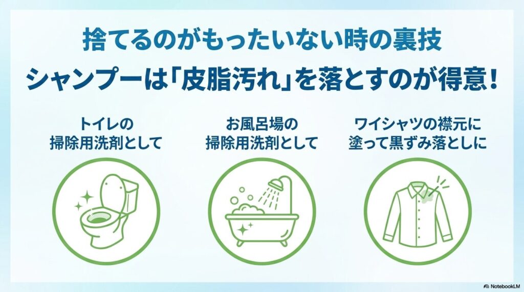 残ったシャンプーをトイレやお風呂の掃除、衣類の皮脂汚れ落としに再利用する活用アイデアを紹介しています。