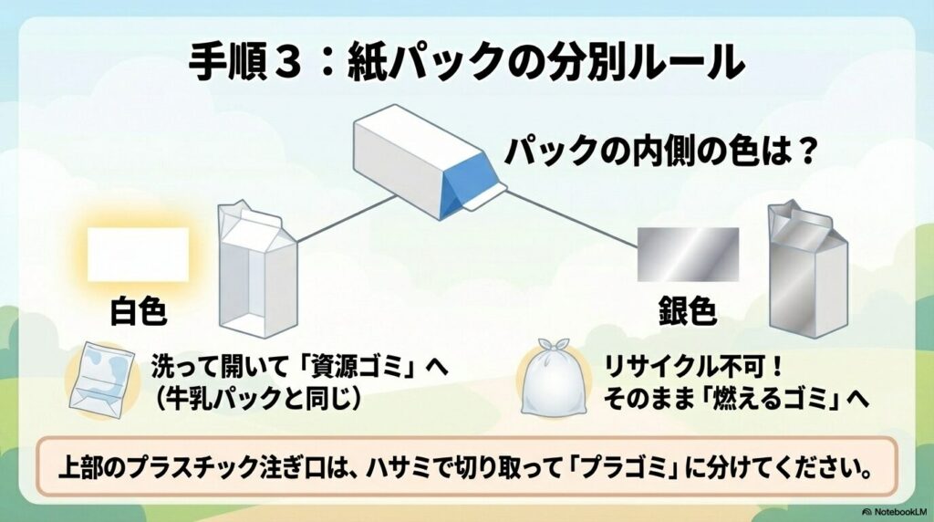 パックの内側が白色なら資源ゴミ、銀色なら燃えるゴミとして出し、プラスチックの注ぎ口は切り取ることを説明する資料
